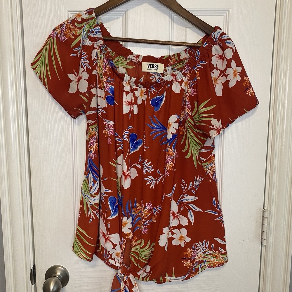 Verse Top‎ Women's Large Short Sleeve Made in USA Floral Red Boho Cottagecore